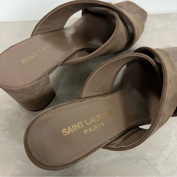 Saint Laurent Loulou 70 Mules Suede Heeled Sandals Mocha Brown Heels EU 37 $795 - Picture 9 of 13